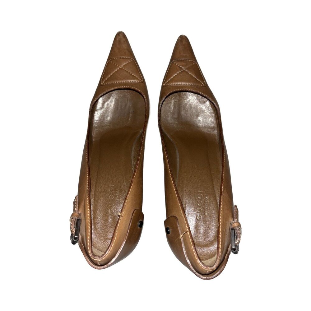 Gucci Pointed Toe Pumps Tan Cognac Leather X-Stitch Buckle Stiletto Heels 7 C